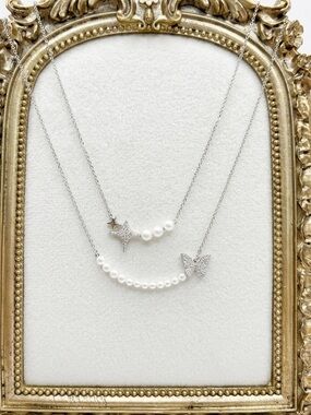 Pearl & Pavé Star and Butterfly Necklaces - White Pearls, Silver Tone